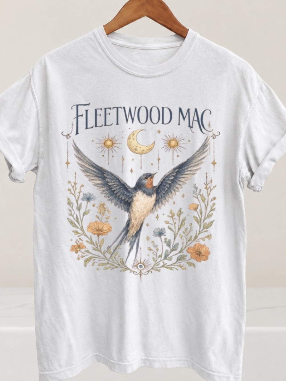 White Fleetwood Mac Band Graphic Bird and Moon T-Shirt